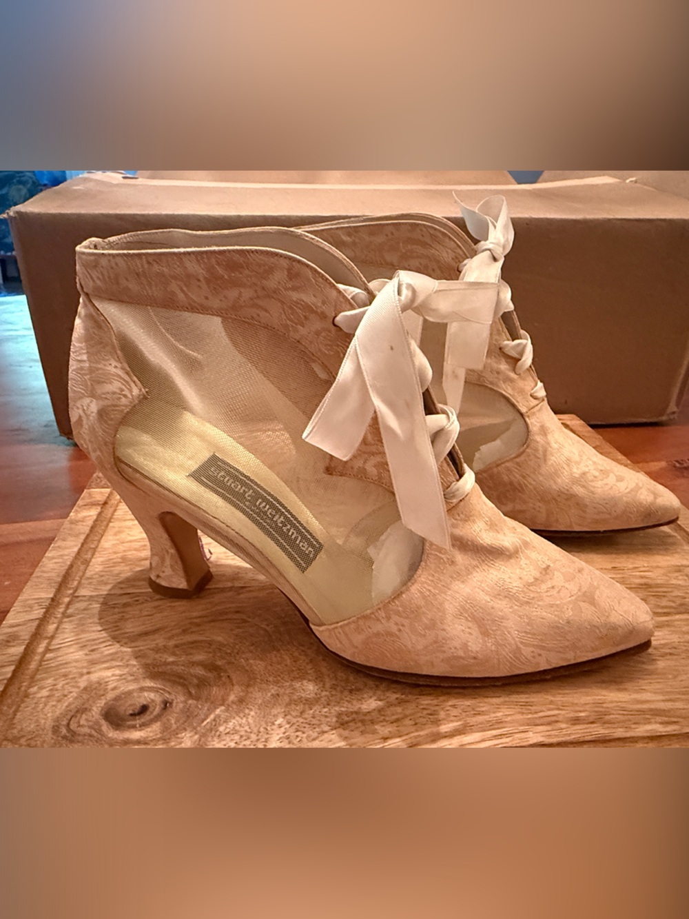 Stuart Weitzman Cream Lace-Up Mid-Heel Booties